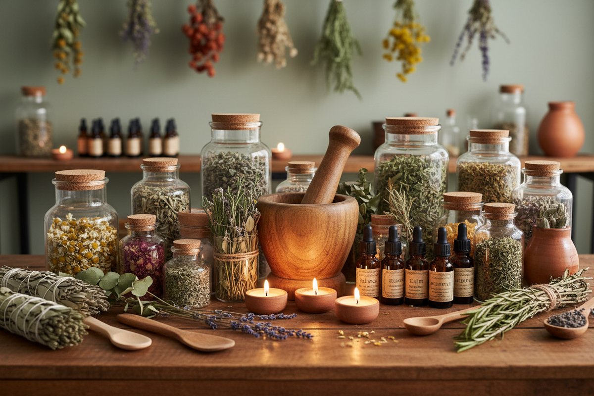 herbs, oils, candles, and mortar and pestle for the home apothecary