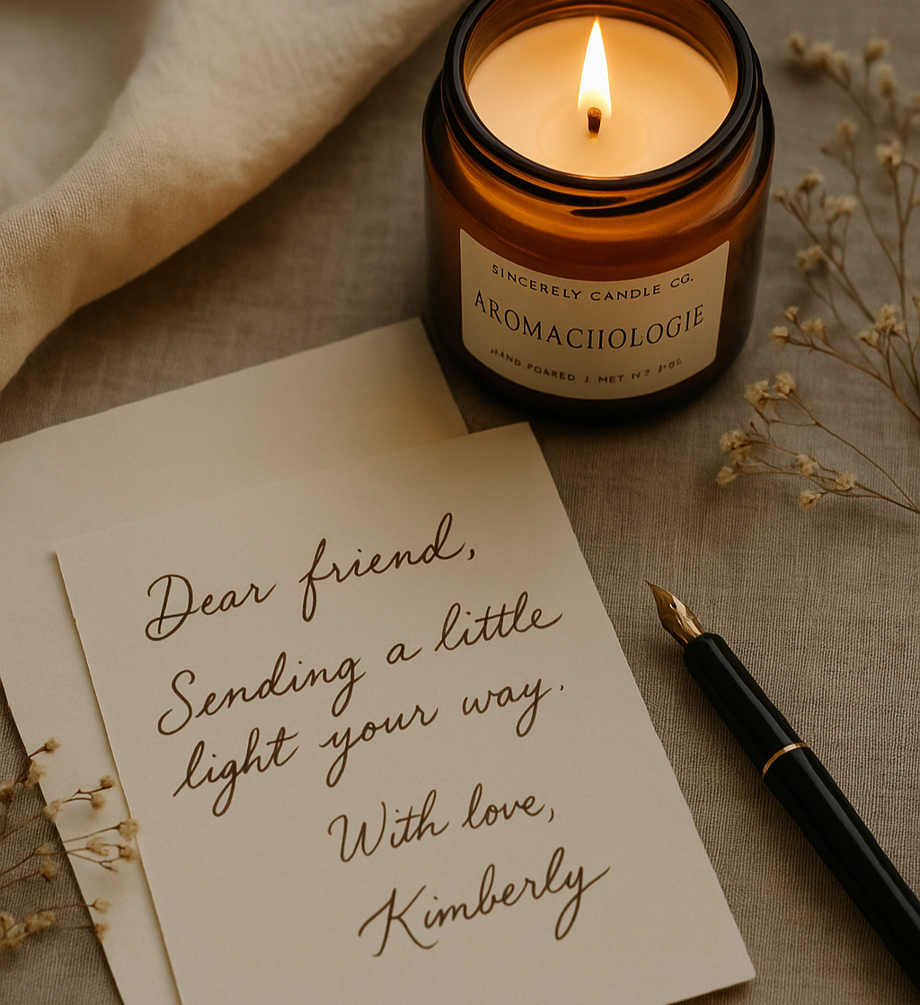 Candle with a note and pen on a textured surface