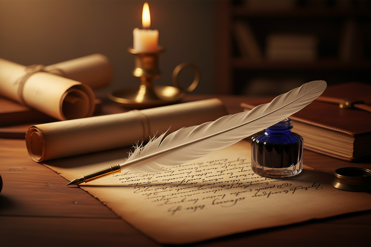 Feather pen, inkwell, and rolled-up paper on a wooden surface with a candle in the background