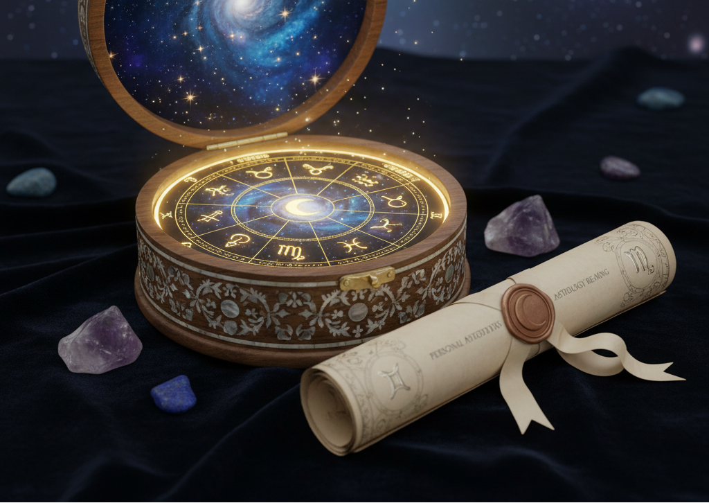 Decorative box labeled 'Celestial Insights' with starry night design, surrounded by stones and a scroll on a dark background.
