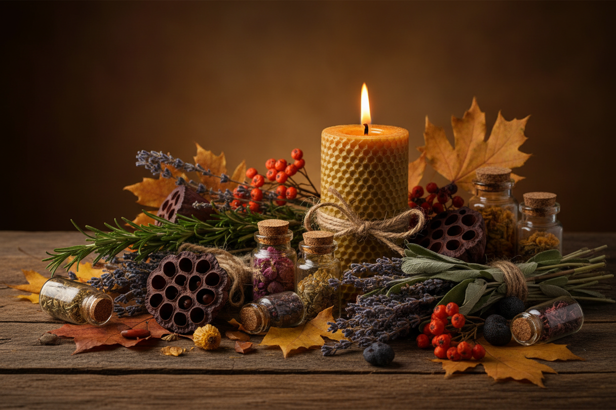 Candle with honeycomb holder surrounded by autumnal elements on a wooden surface