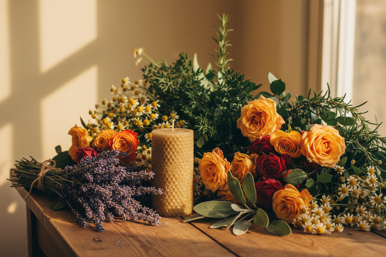 Bouquets of flowers and a candle on a wooden surface with a warm light source.