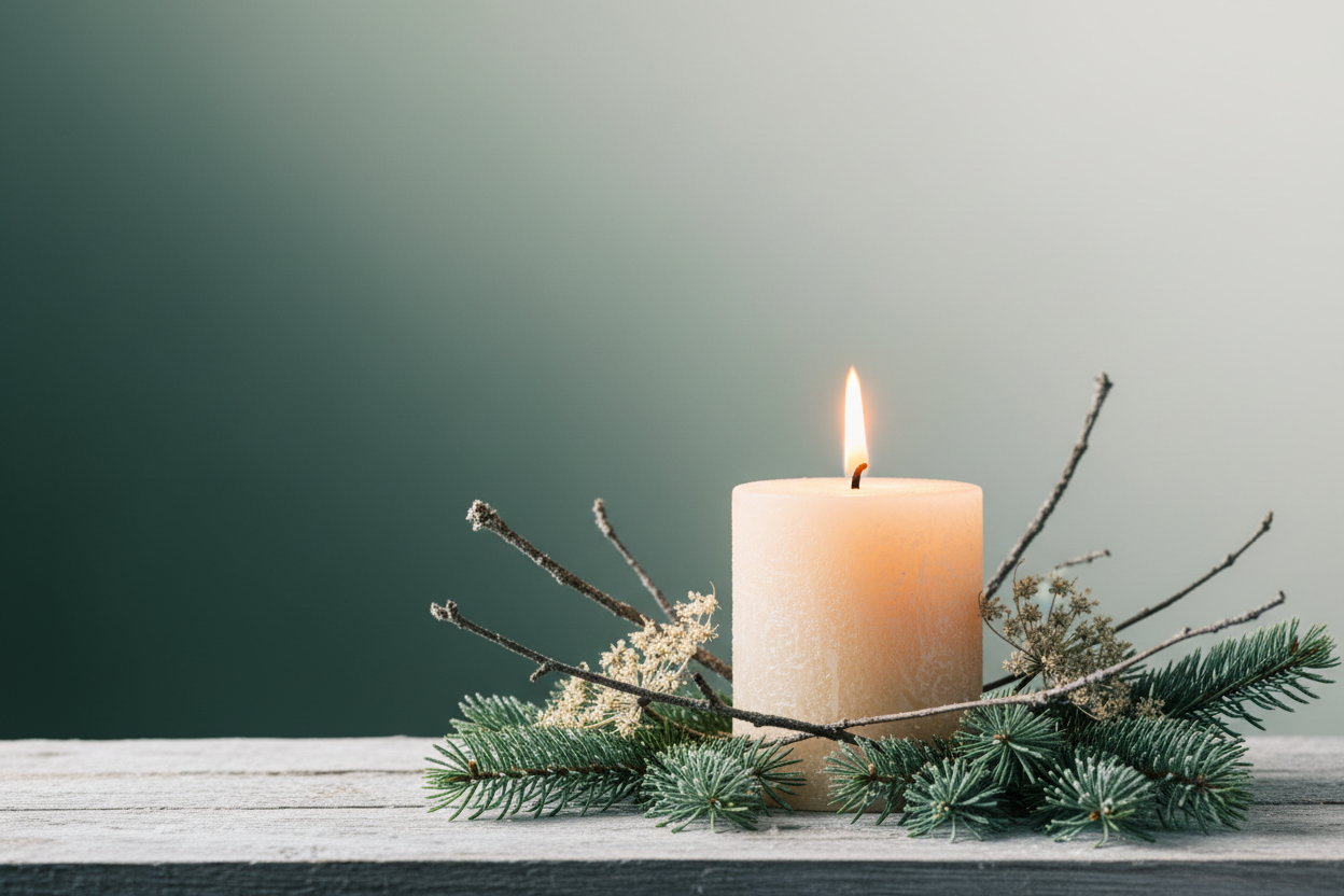Candle with decorative branches on a wooden surface against a green gradient background