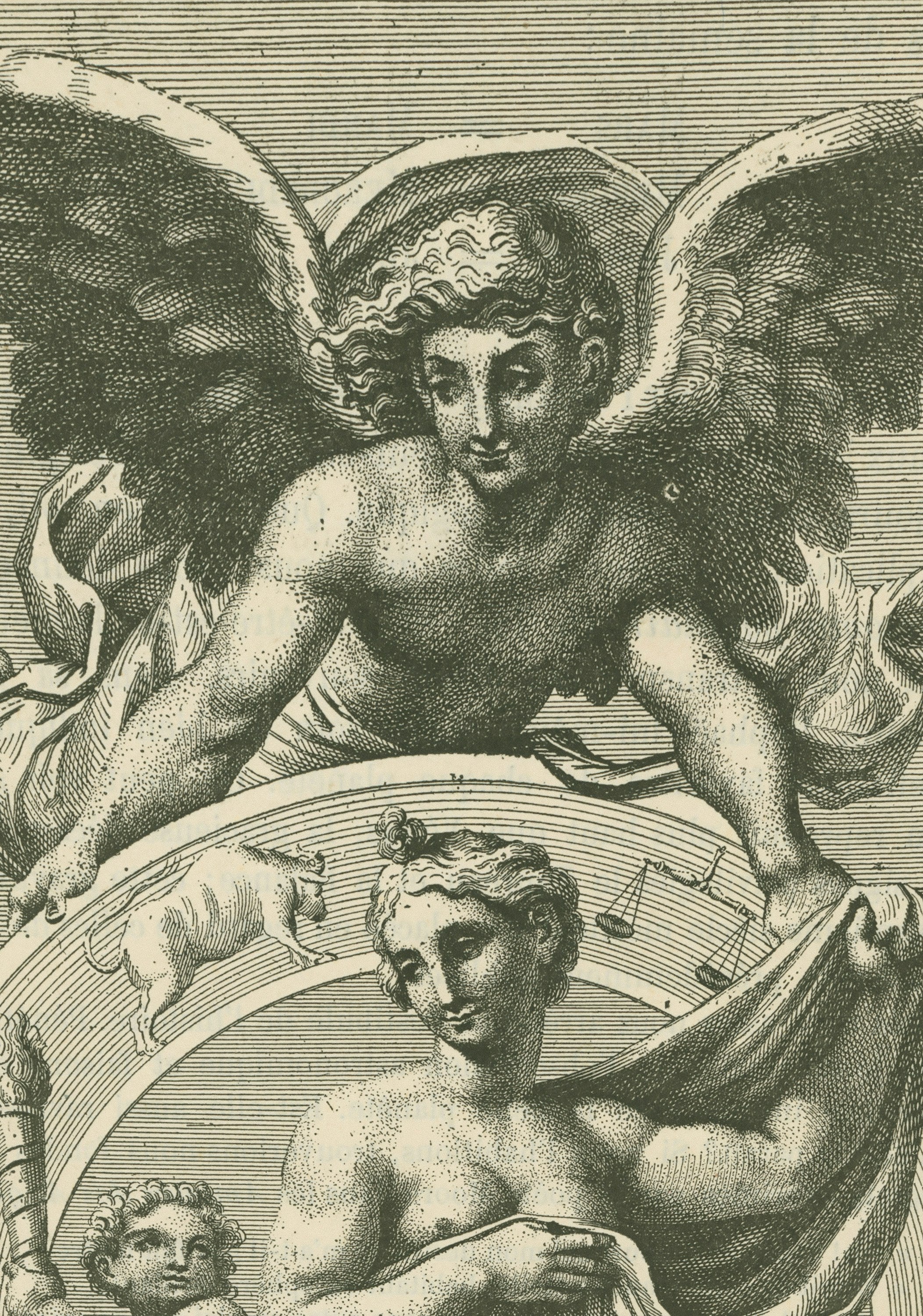 Decorative illustration of an angel with wings and a shield featuring symbols, in a classical style.